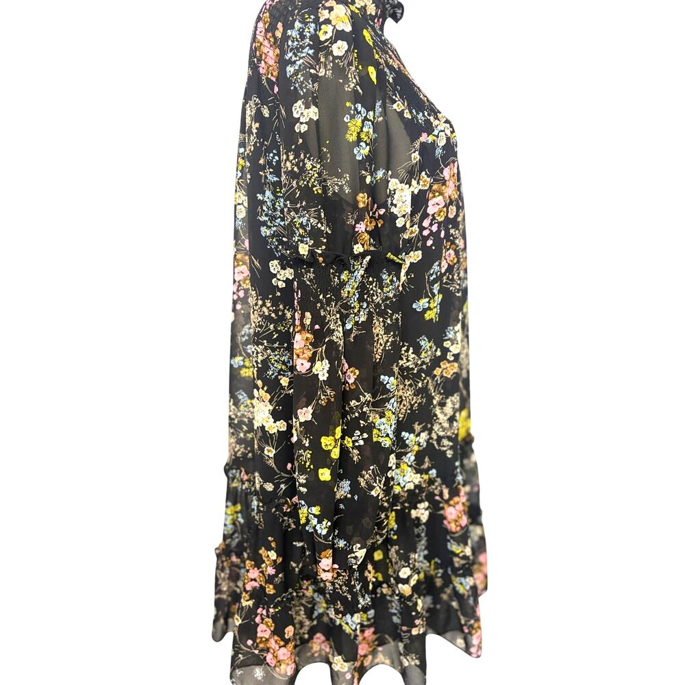 Cinq à Sept Black Floral Smocked Mini Dress Size 8 Romantic Ruffle Mock Neck - Picture 4 of 10